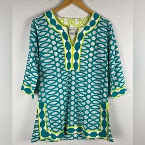 Gretchen Scott Top Womens Geometric Split Neck Boho Tunic Teal Blue Green XS